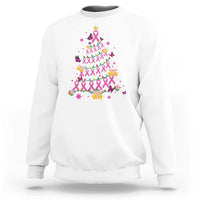 White sweatshirt with colorful breast cancer ribbon Christmas tree graphic