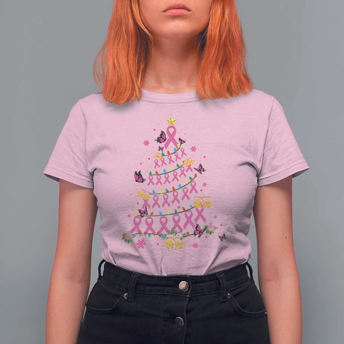 Christmas Breast Cancer T Shirt For Women Pink Ribbon Xmas Tree - Wonder Print Shop