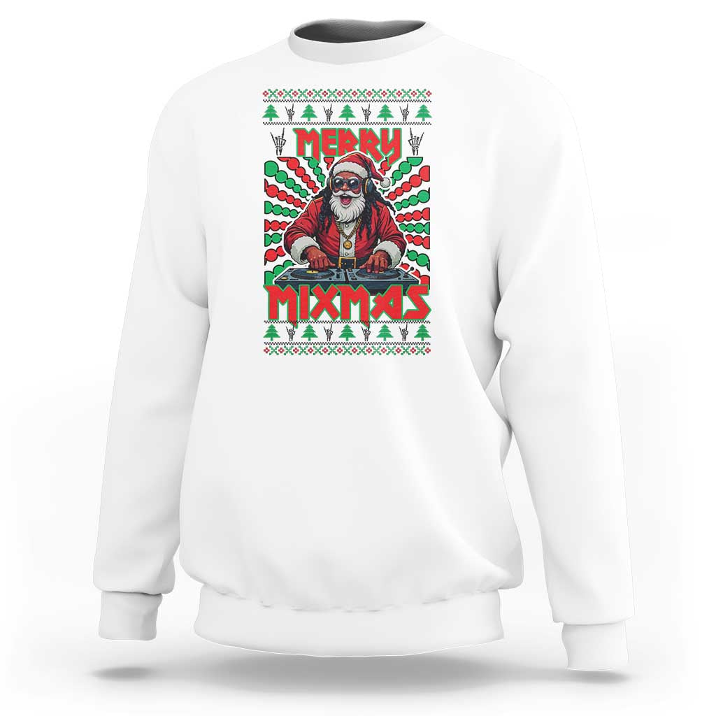 White crewneck sweatshirt with Santa DJ “Merry Mixmas” festive graphic on front