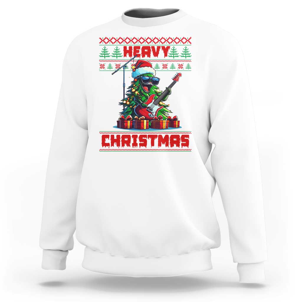 White sweatshirt with 'Heavy Christmas' guitarist graphic