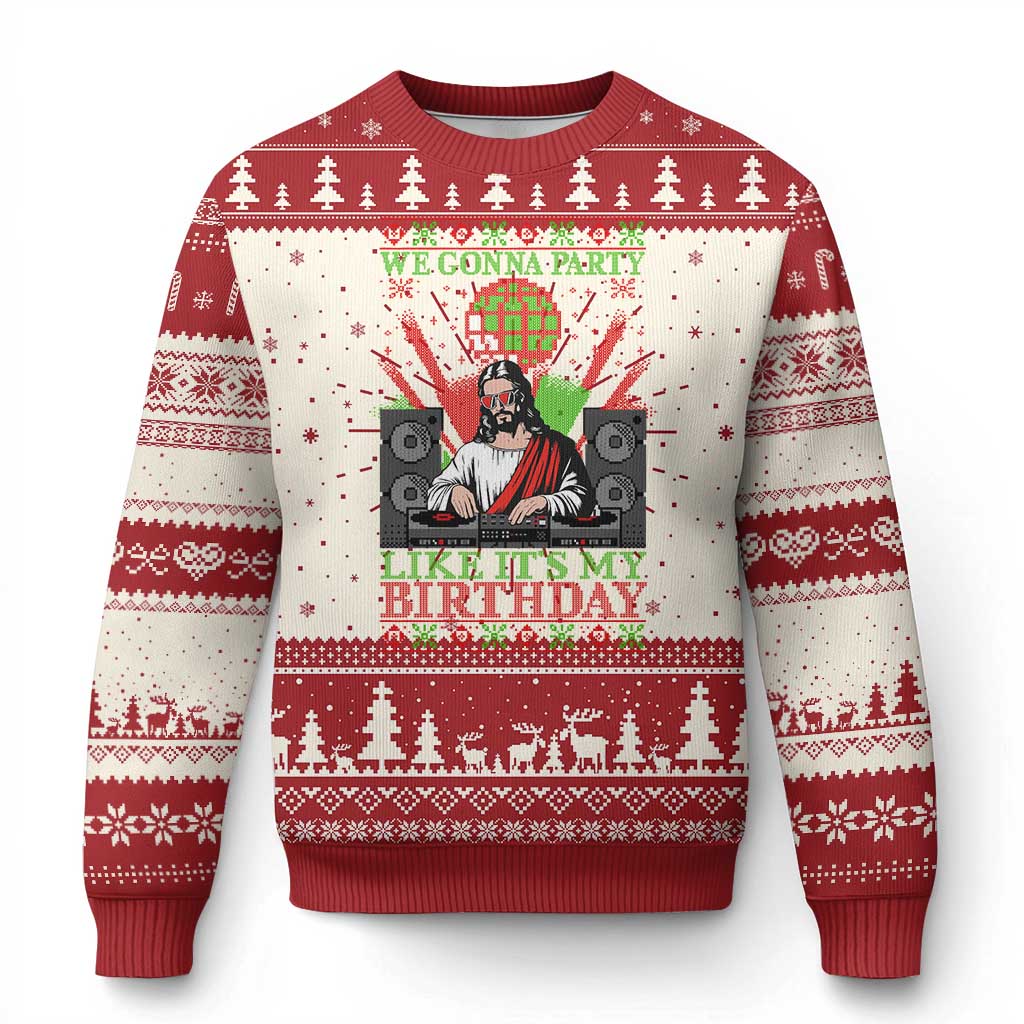 Red and cream ugly Christmas sweater with DJ Jesus graphic and festive stripe border