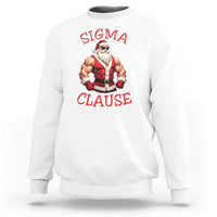 White sweatshirt with red Santa graphic and “SIGMA CLAUSE” text on chest
