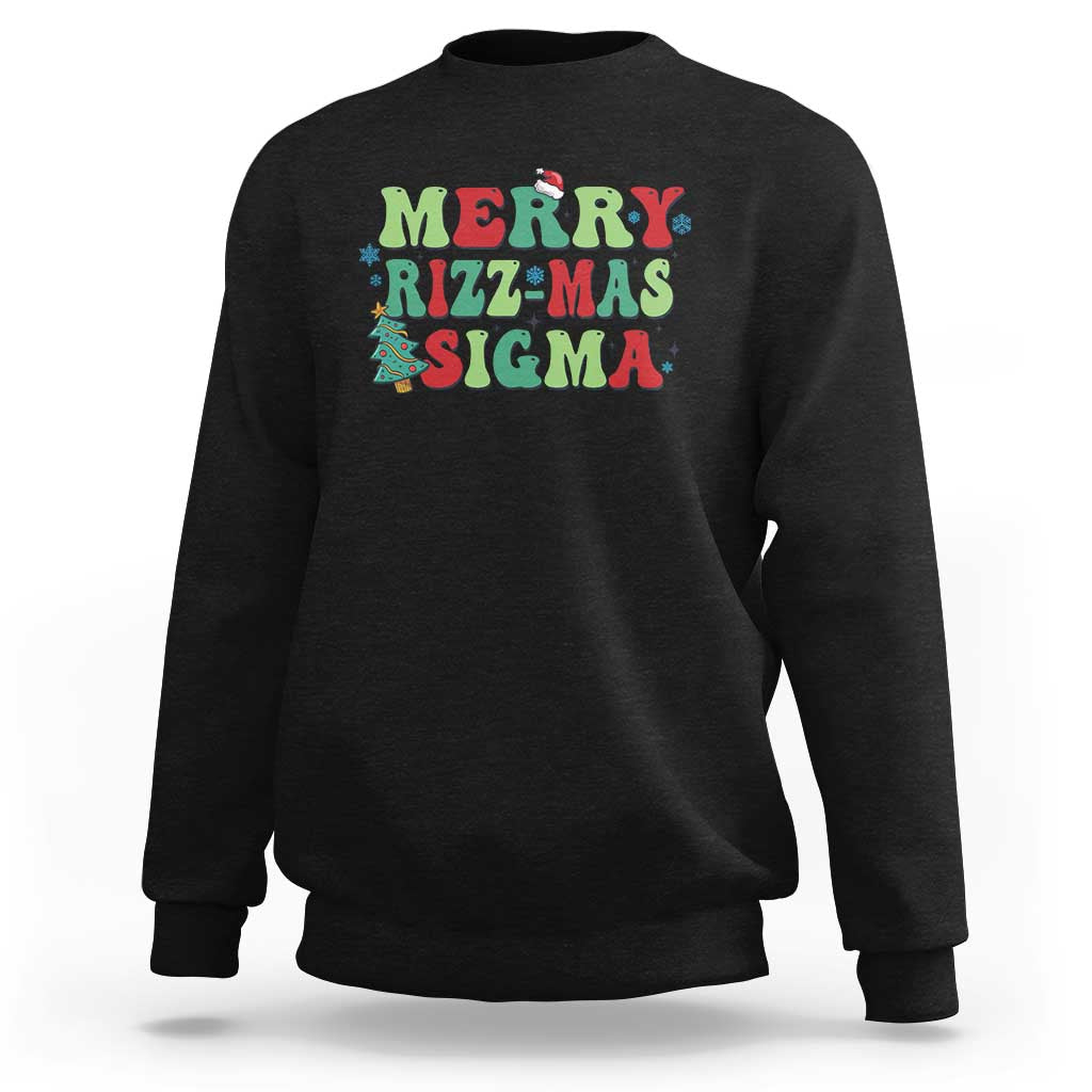 Black crewneck sweatshirt with colorful “MERRY RIZZ-MAS SIGMA” holiday graphic.