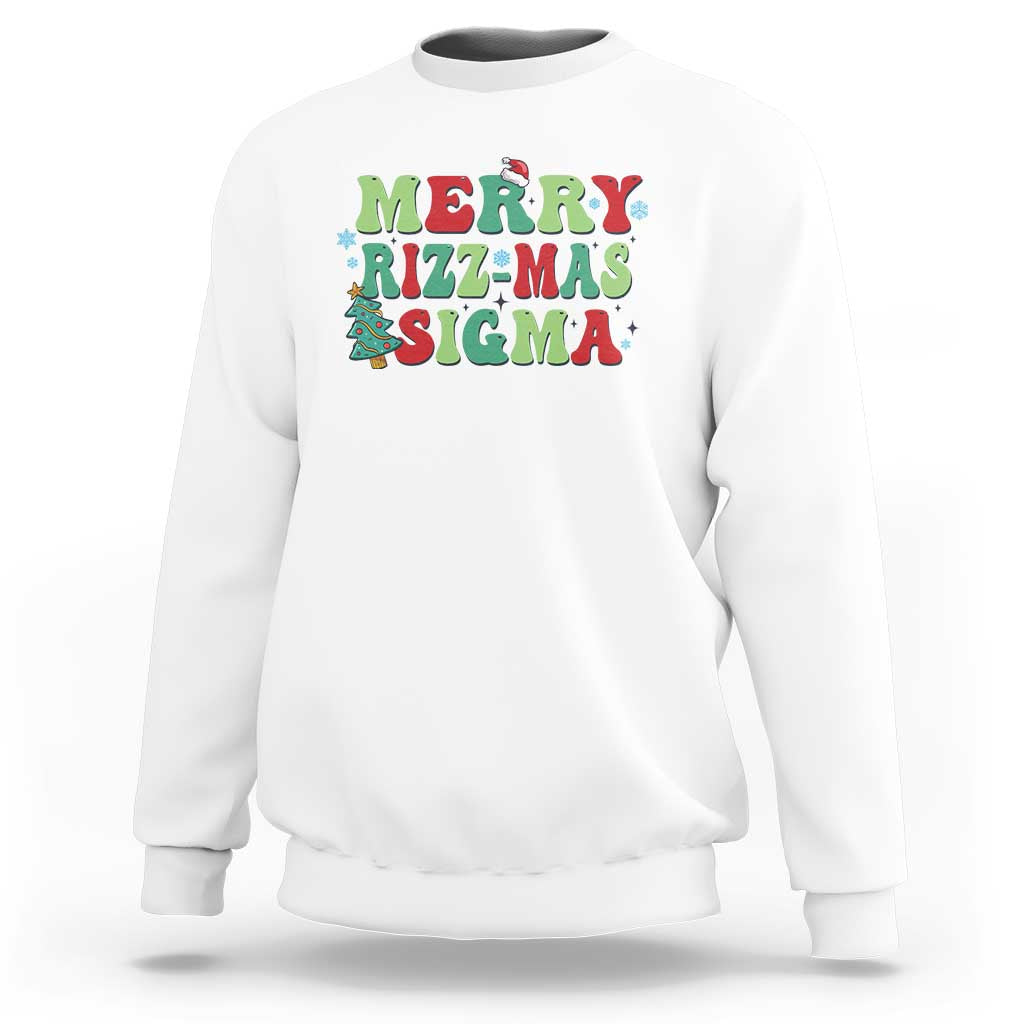 White crewneck sweatshirt with colorful “MERRY RIZZ-MAS SIGMA” holiday graphic.