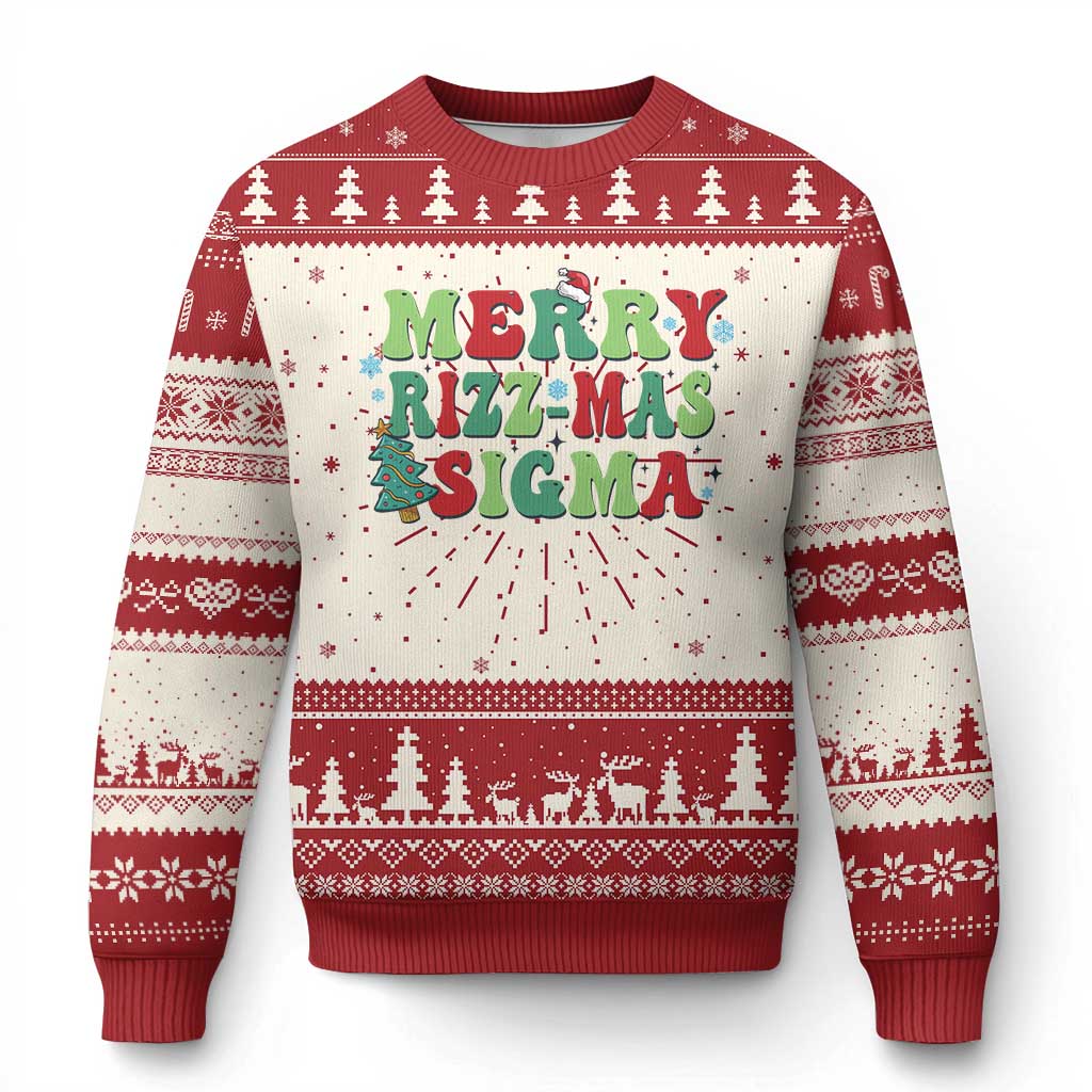 Ugly Christmas sweater with red and white fair isle pattern and Merry Rizz Mas Sigma graphic
