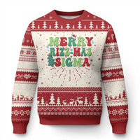 Ugly Christmas sweater with red and white fair isle pattern and Merry Rizz Mas Sigma graphic