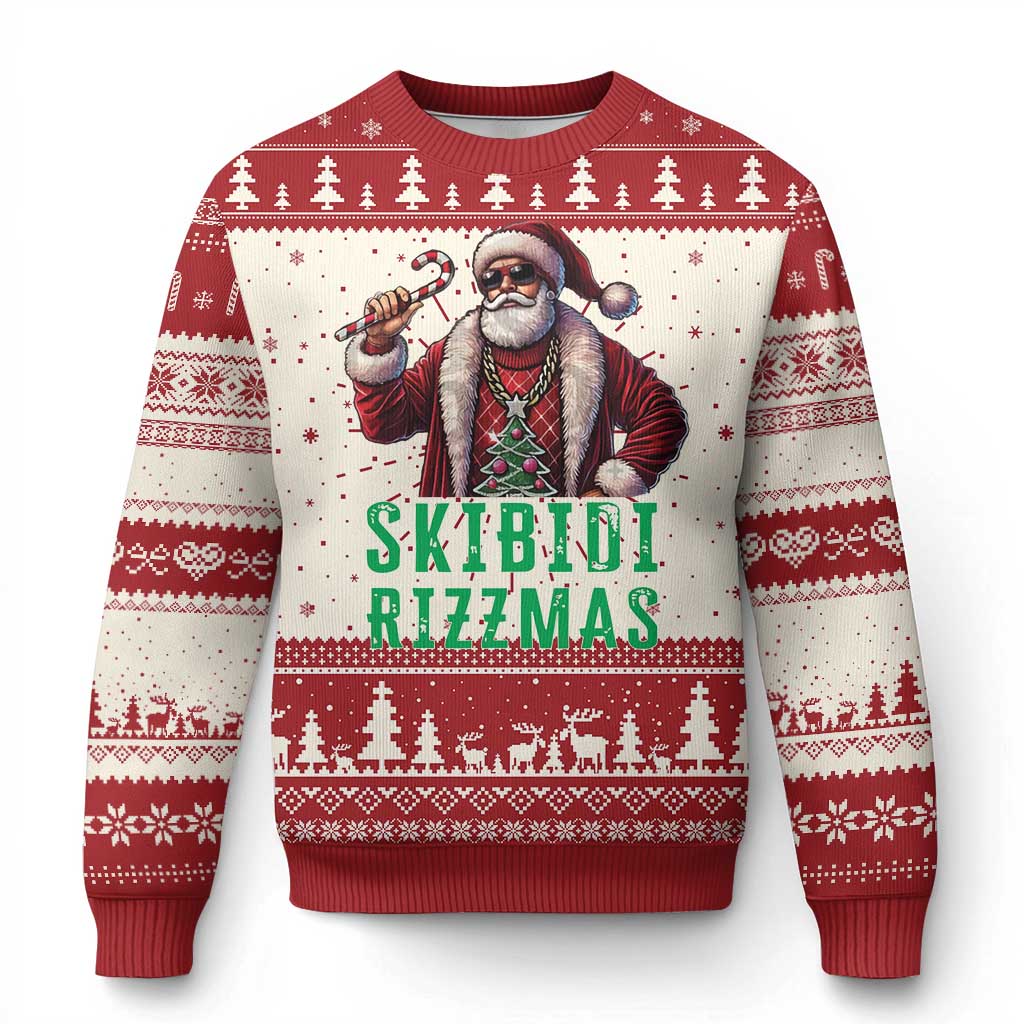 Red and cream Christmas sweater with Santa graphic and 'SKIBIDI RIZZMAS' text