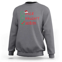 Charcoal gray Christmas sweatshirt with “NICE NAUGHTY SKIBIDI” graphic on chest