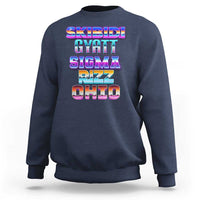 Navy crewneck sweatshirt with colorful “SKIBIDI GYATT SIGMA RIZZ OHIO” graphic on back