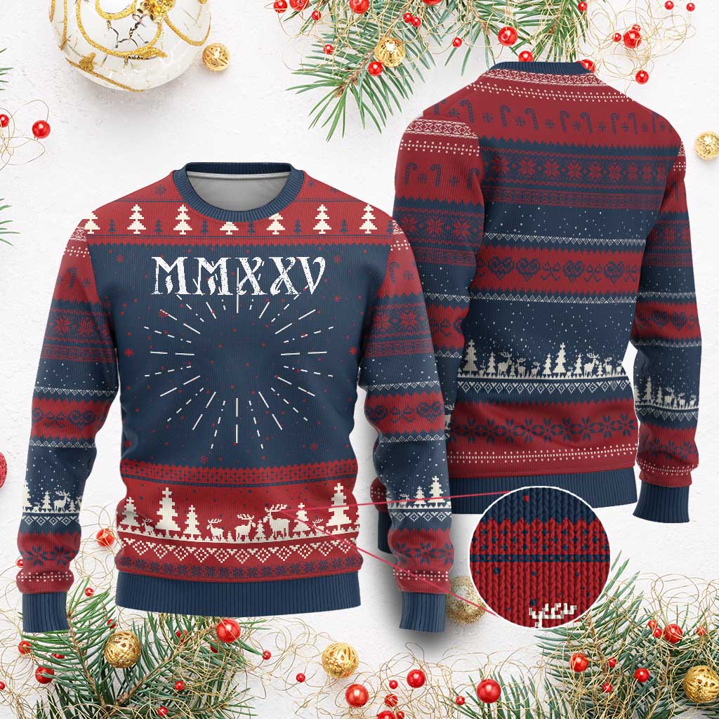 Happy New Year 2025 Ugly Christmas Sweater MMXXV Roman Numerals - Wonder Print Shop