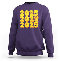 Happy New Year 2025 sweatshirt, purple crewneck with yellow “2025” graphic and hand icon