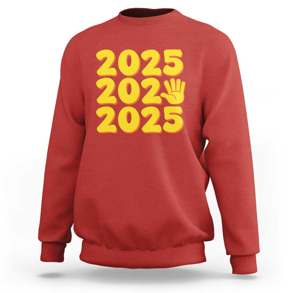 Happy New Year 2025 sweatshirt, red crewneck with yellow “2025” graphic and hand icon