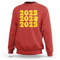 Happy New Year 2025 sweatshirt, red crewneck with yellow “2025” graphic and hand icon