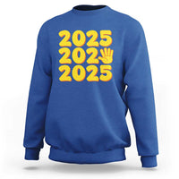 Happy New Year 2025 sweatshirt, royal blue crewneck with yellow “2025” graphic and hand icon