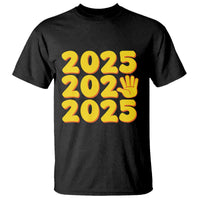 Black t-shirt with stacked 2025 graphic and celebratory hand sign on front