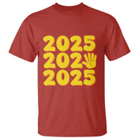 Red t-shirt with stacked 2025 graphic and celebratory hand sign on front