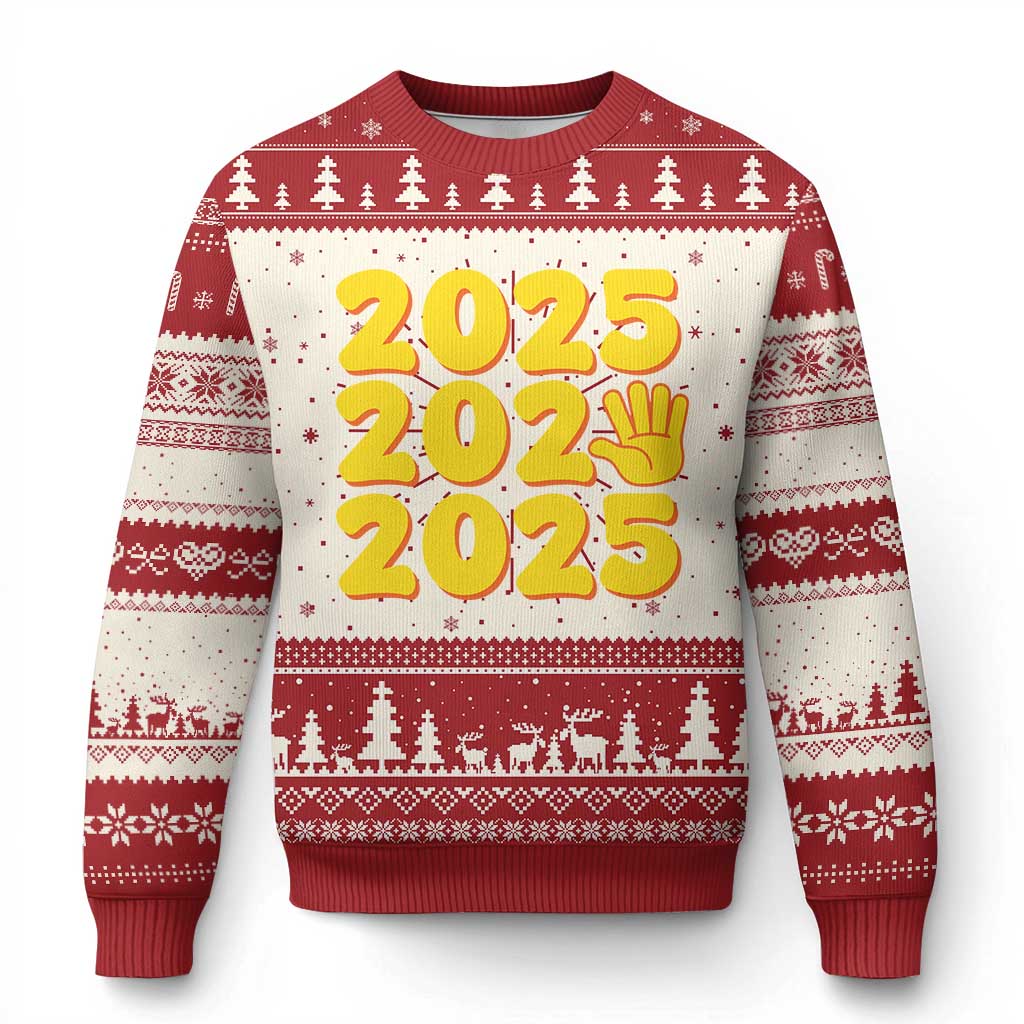 Red and cream 2025 ugly Christmas sweater with festive tree border and crown graphic