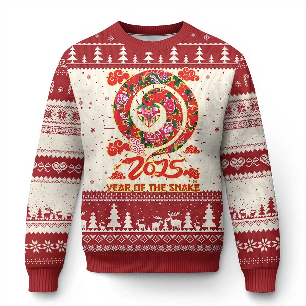 Red and cream ugly Christmas sweater with 2025 snake graphic and festive tree pattern