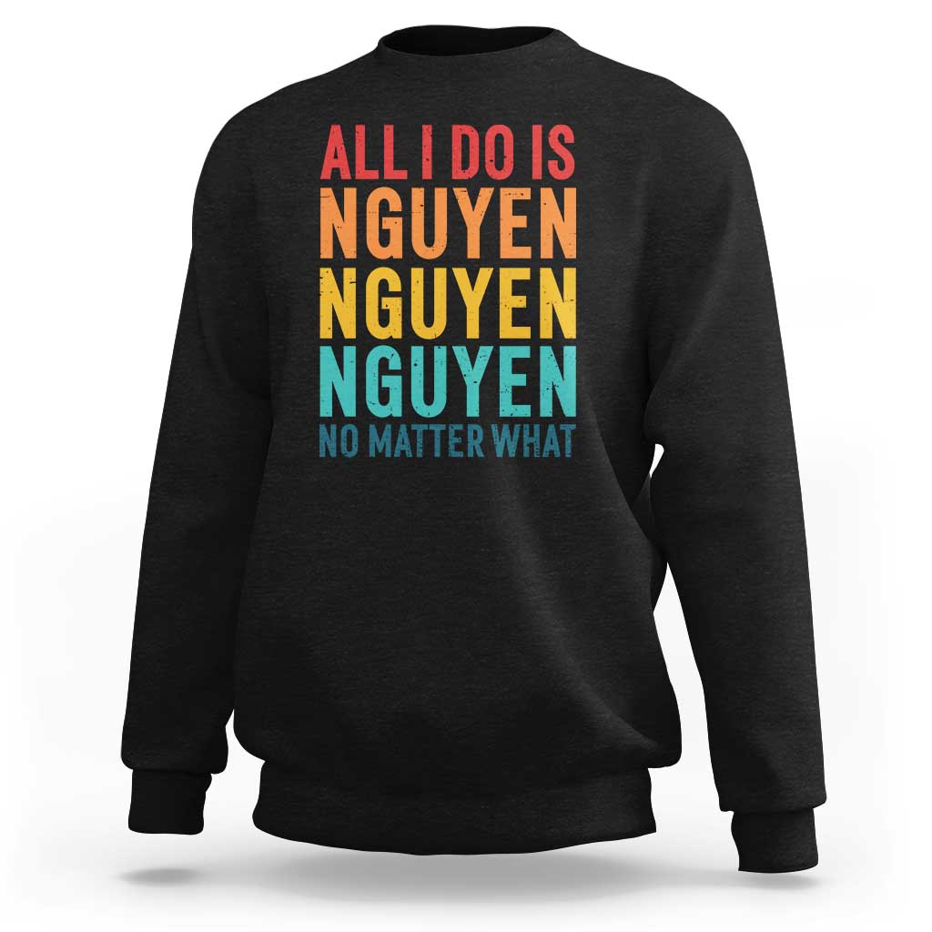 Black crewneck sweatshirt with colorful 'NGUYEN' slogan print