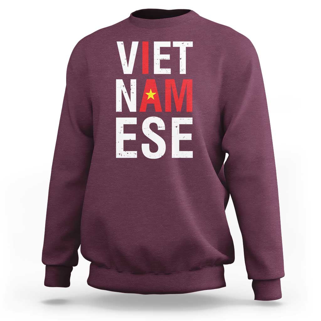 Maroon Vietnam pride crewneck sweatshirt with "VIET NAM ELSE" graphic and star flag.