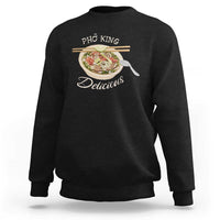 Black crewneck sweatshirt with pho bowl and 'Delicious' graphic on front
