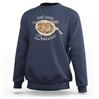Navy crewneck sweatshirt with pho bowl and 'Delicious' graphic on front