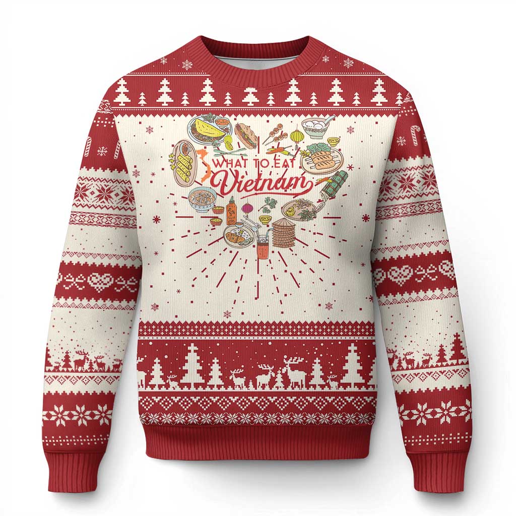 Red and white Christmas sweater with “What to eat Vietnam” graphic and festive border