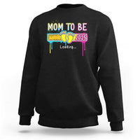 Black mom-to-be sweatshirt with colorful “Mom to be 2025” loading graphic on front