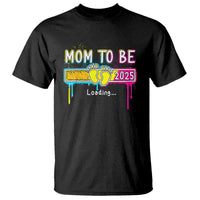 Black mom-to-be 2025 T-shirt with "Mom to Be" loading graphic and colorful drip print