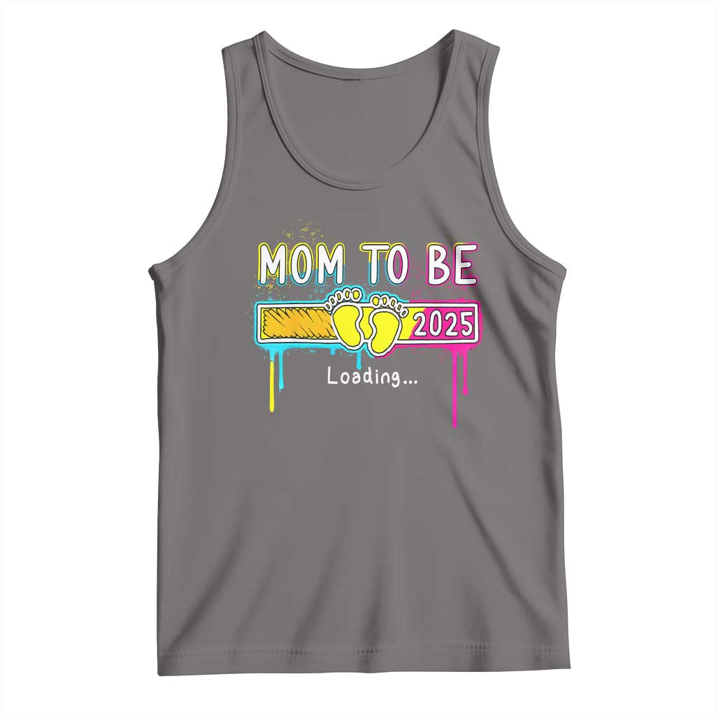 Dark gray maternity tank top with Mom to Be 2025 loading paw print graphic