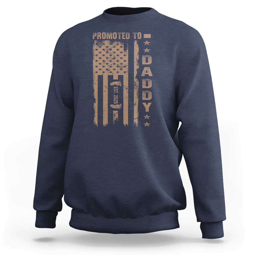 Navy crewneck sweatshirt with “Promoted to Daddy” graphic on the front
