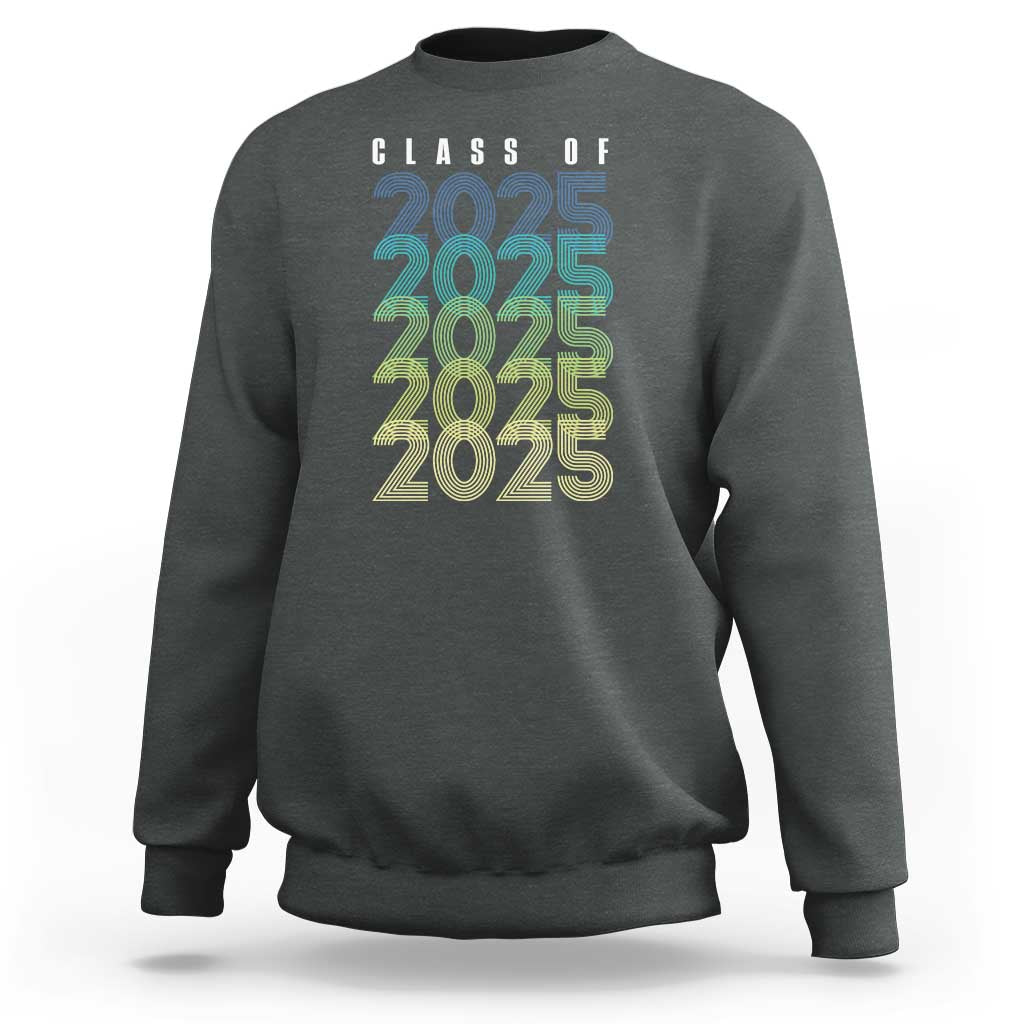 Dark heather graduation sweatshirt with Class of 2025 stacked text graphic on back