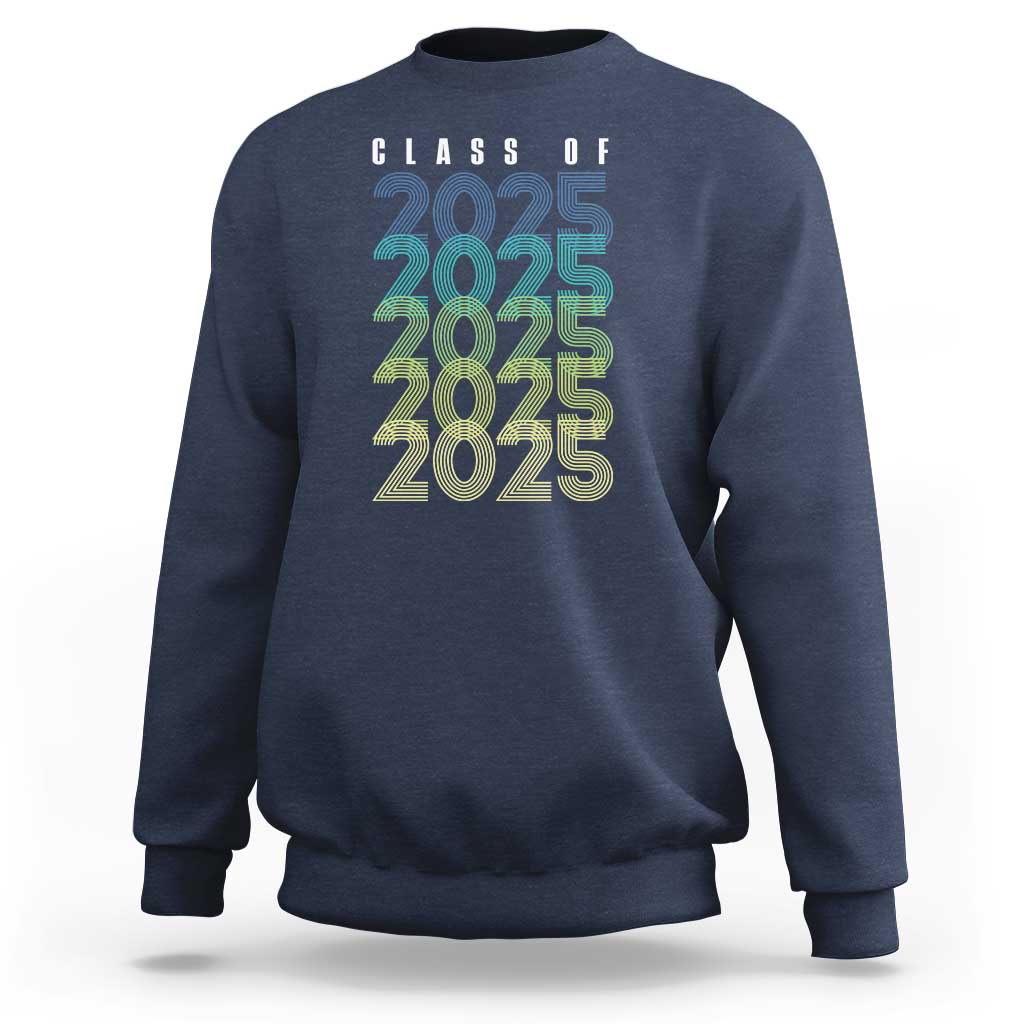 Navy graduation sweatshirt with Class of 2025 stacked text graphic on back