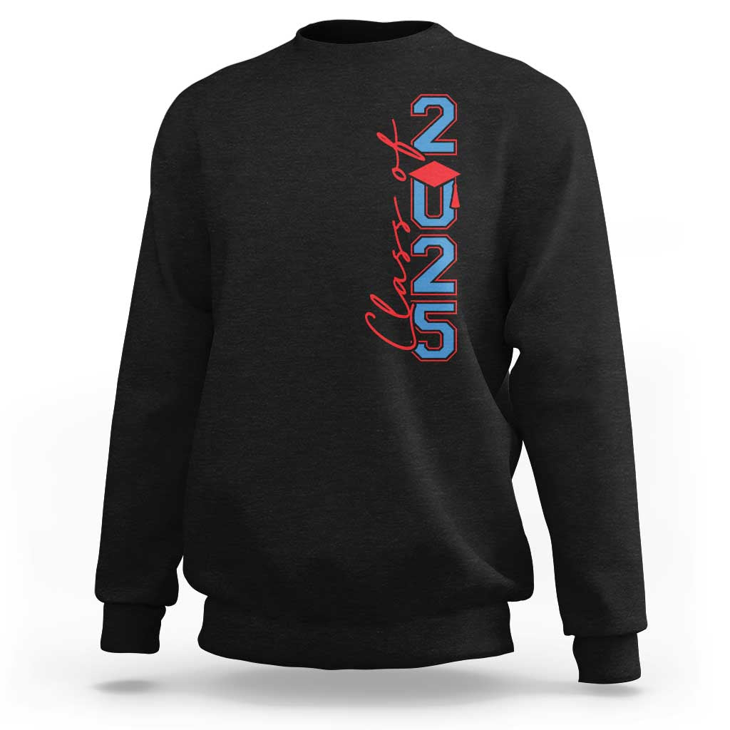 Black crewneck sweatshirt with red Class of 2025 graduation graphic on chest