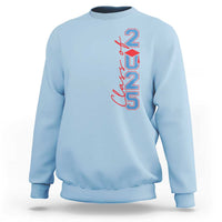 Light blue crewneck sweatshirt with red Class of 2025 graduation graphic on chest