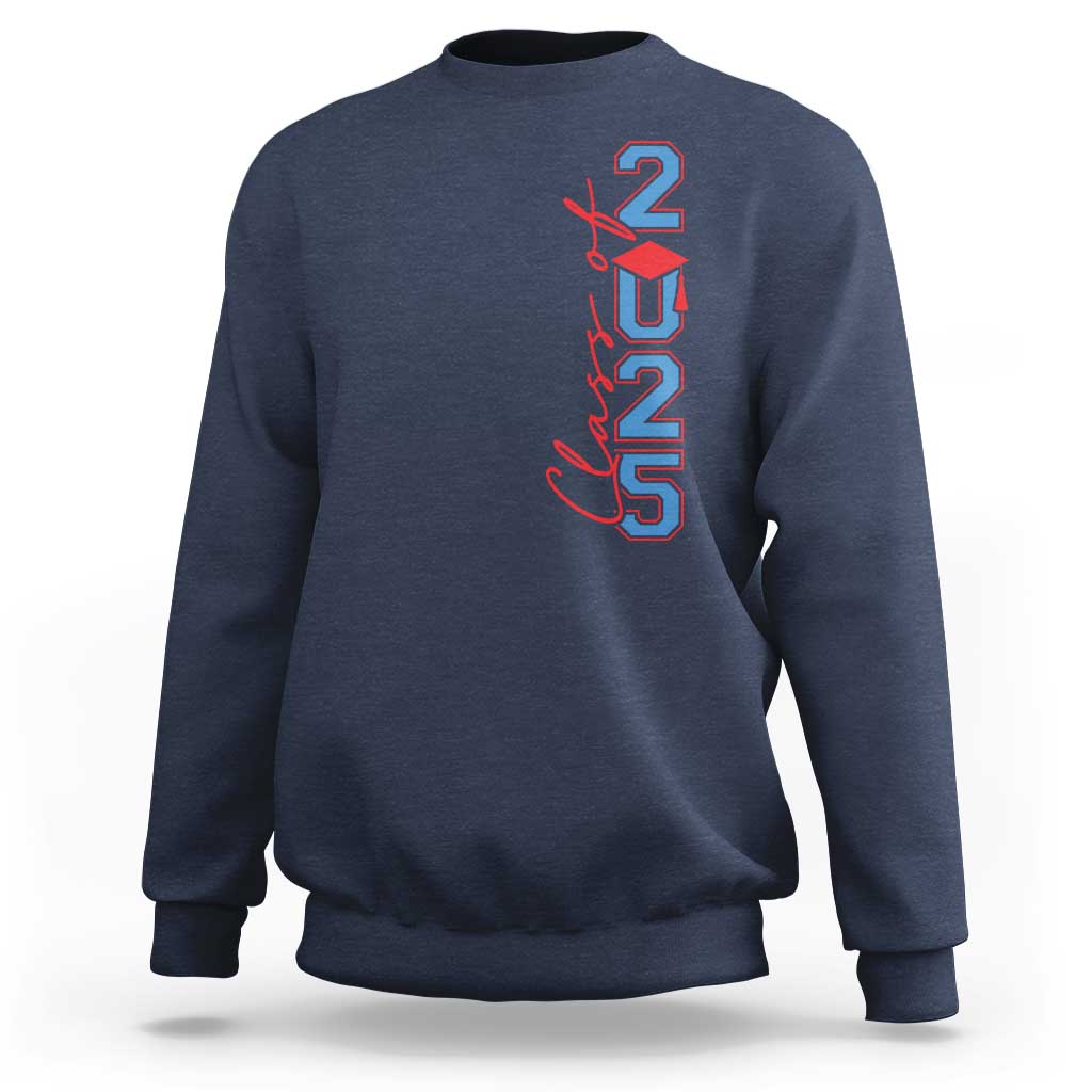 Navy crewneck sweatshirt with red Class of 2025 graduation graphic on chest