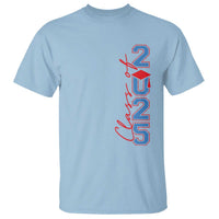 Light blue graduation T-shirt with vertical 2025 numbers and cap graphic