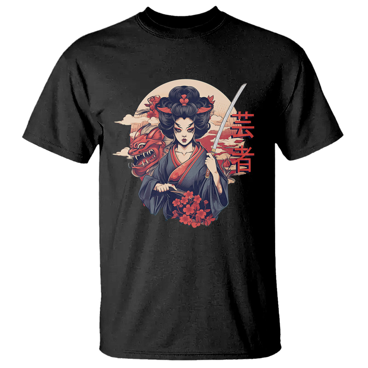 Japanese Samurai T Shirt Floral Warrior Geisha Woman Tokyo Anime - Wonder Print Shop