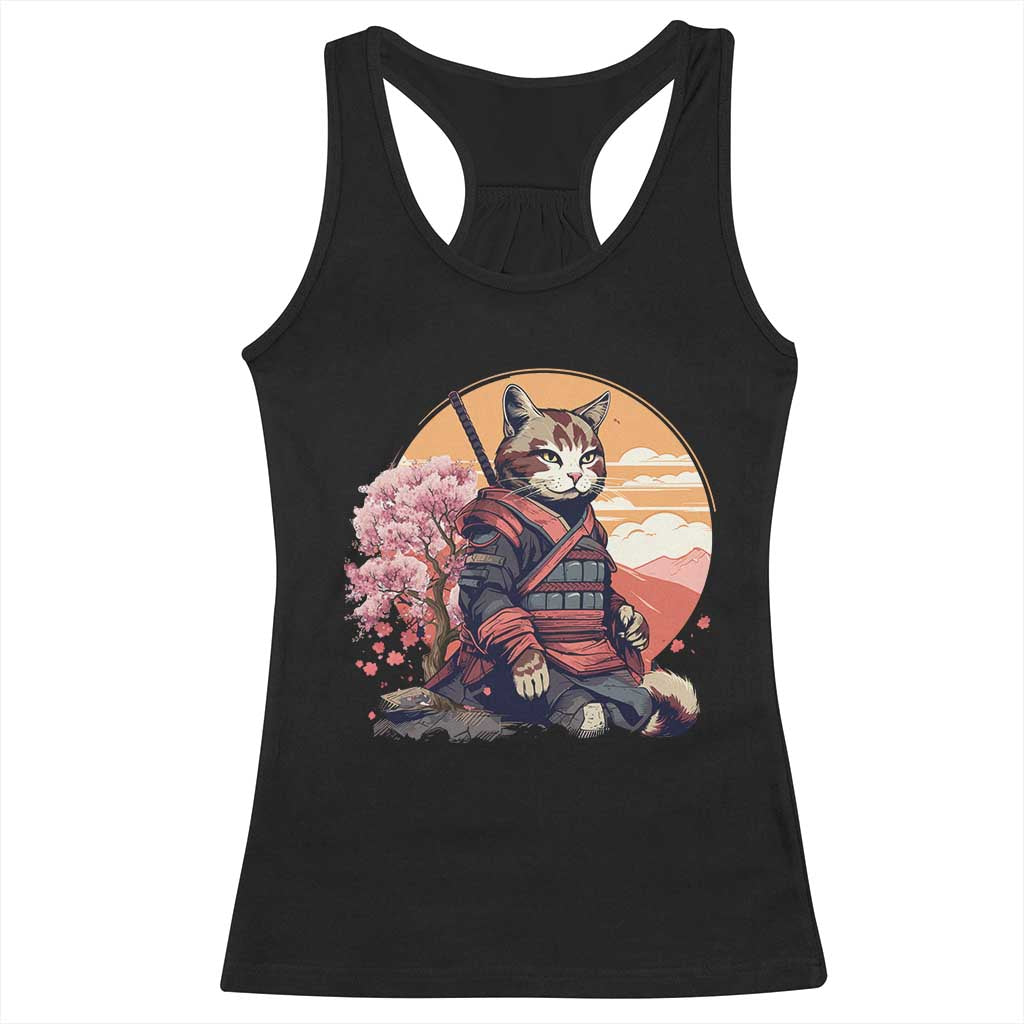 Japanese Samurai Cat Racerback Tank Top Floral Warrior Geisha Woman Tokyo Anime