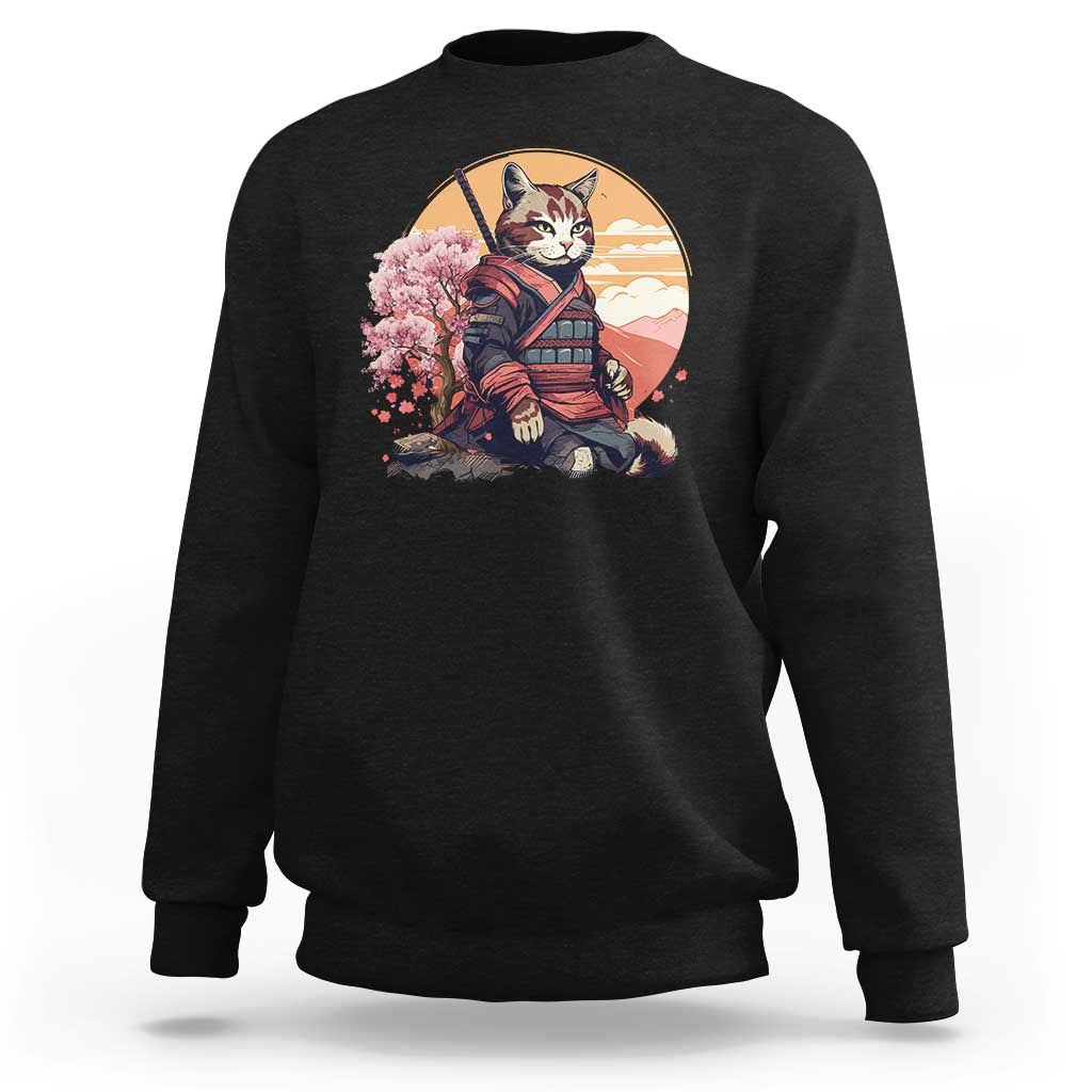 Black crewneck sweatshirt with cat samurai graphic and cherry blossoms on chest