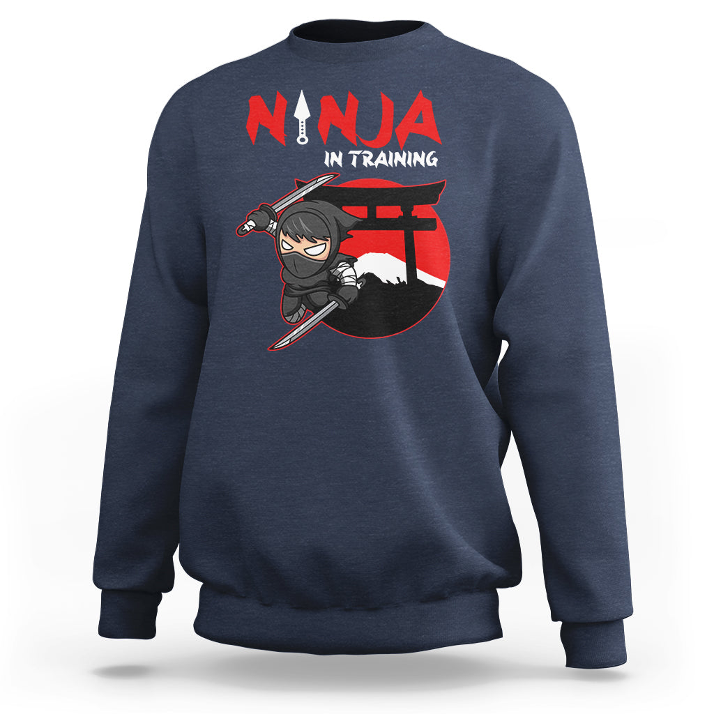 Navy ninja training sweatshirt with ninja character and sword graphic on the back