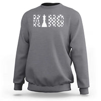 Heather gray crewneck sweatshirt with chess 'HER' graphic and King text