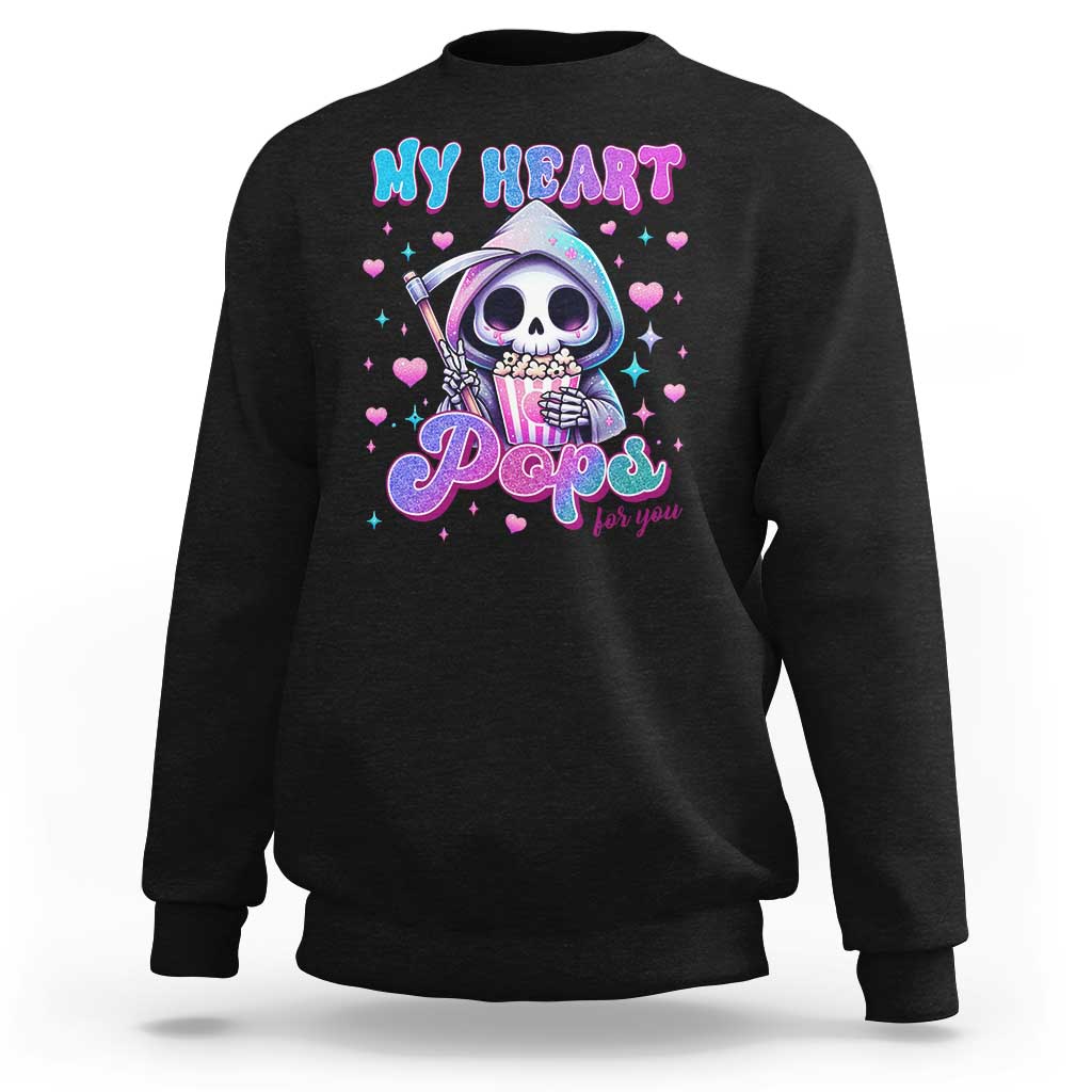 Black crewneck sweatshirt with colorful 'My Heart' skull graphic and pink hearts.