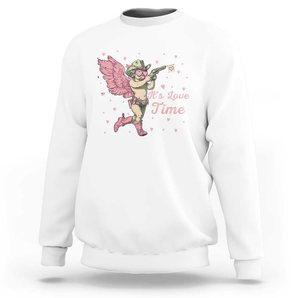 White crewneck sweatshirt with pink cowboy cupid graphic and 'It's Love Time' text.