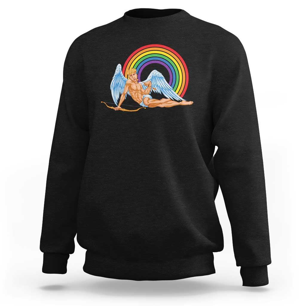 Black long-sleeve sweatshirt with angel cupid and rainbow graphic on chest