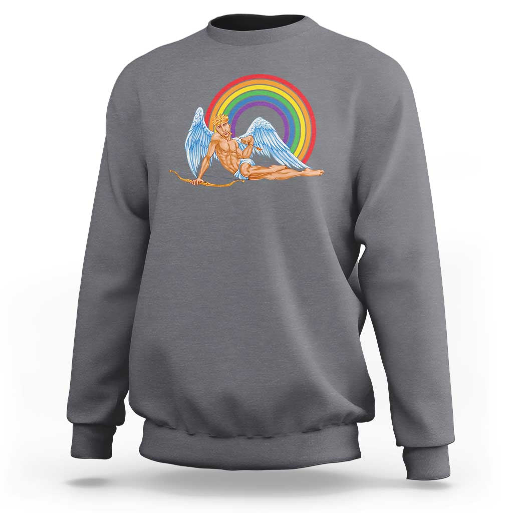 Charcoal gray long-sleeve sweatshirt with angel cupid and rainbow graphic on chest