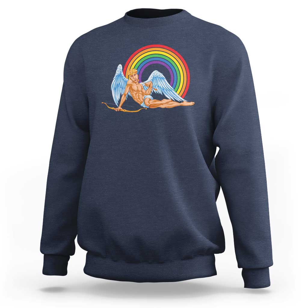 Navy long-sleeve sweatshirt with angel cupid and rainbow graphic on chest