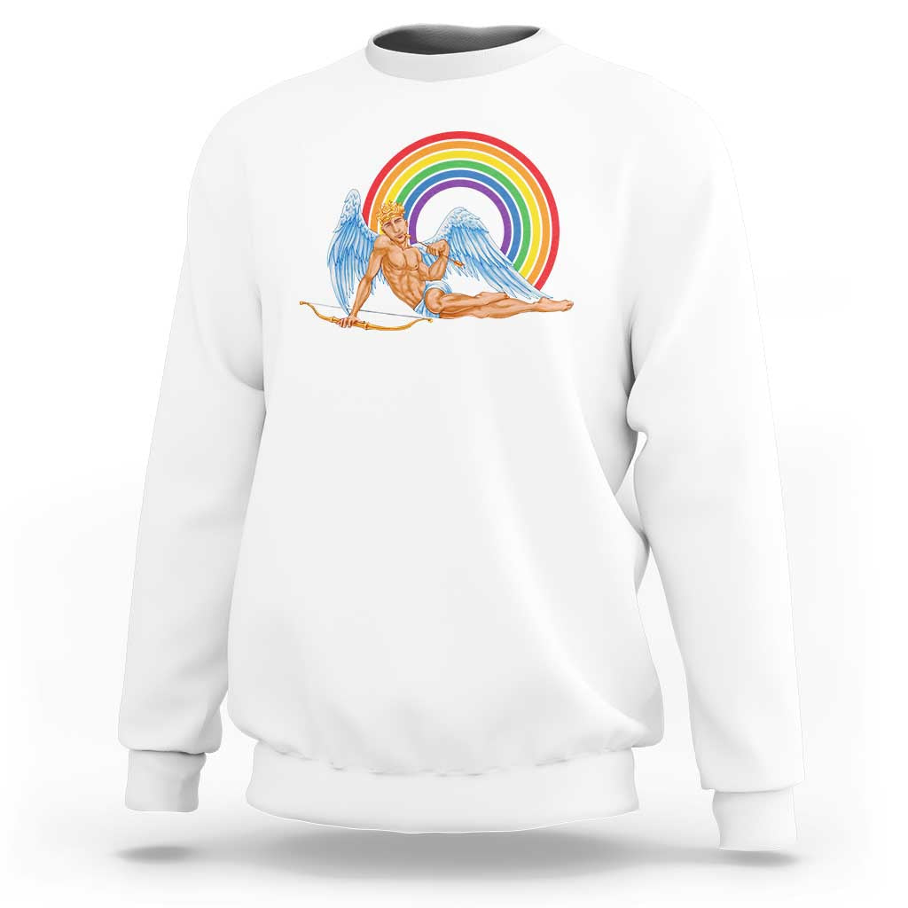 White long-sleeve sweatshirt with angel cupid and rainbow graphic on chest