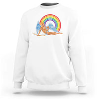 White long-sleeve sweatshirt with angel cupid and rainbow graphic on chest