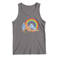Gray tank top with rainbow Cupid and heart graphic, scoop neck